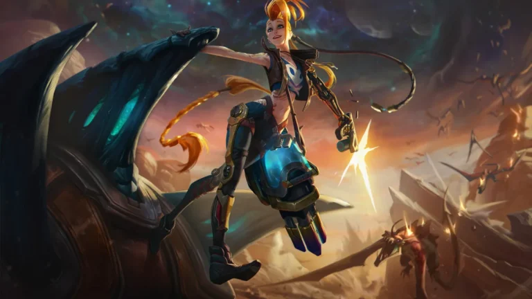 Odyssey Jinx with orange braids riding a large alien creature and firing a pistol