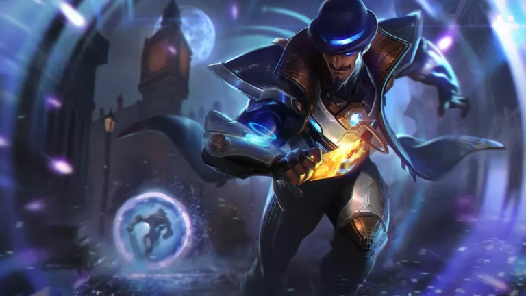 Pulsefire Twisted Fate in blue-lit armor holding a glowing orange card among circular portals