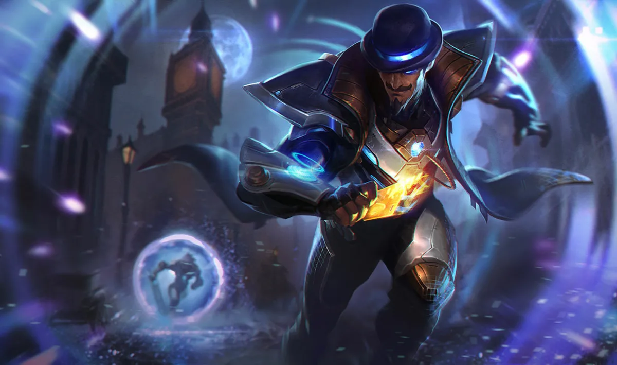 Pulsefire Twisted Fate in blue-lit armor holding a glowing orange card among circular portals