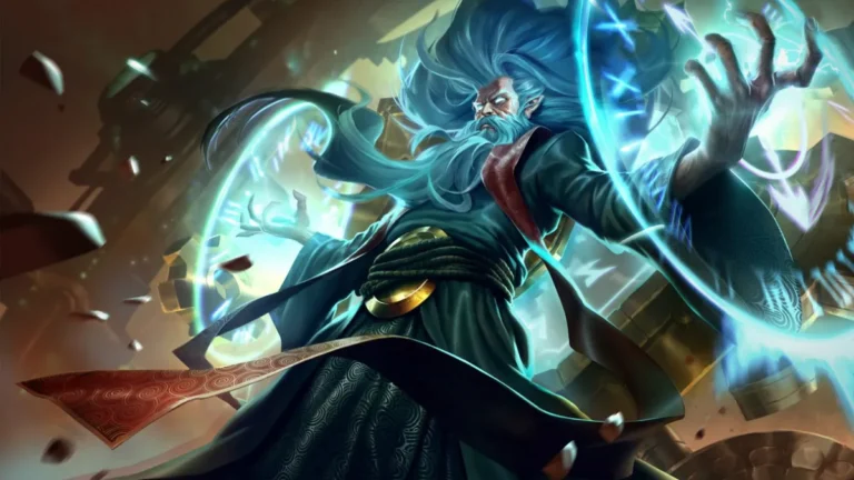 Zilean extending his hands through glowing blue clock faces