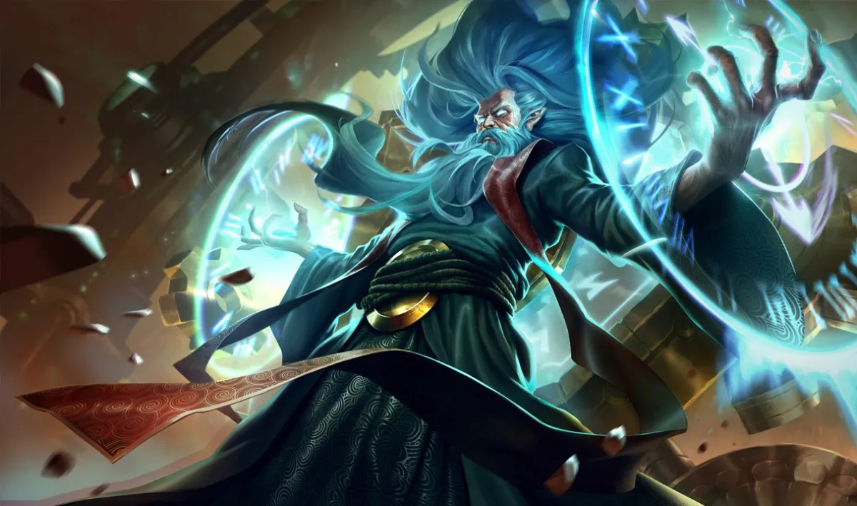 Zilean extending his hands through glowing blue clock faces