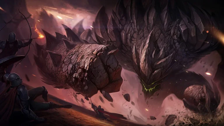 Malphite, a huge spiked rock creature, charging toward armed fighters.
