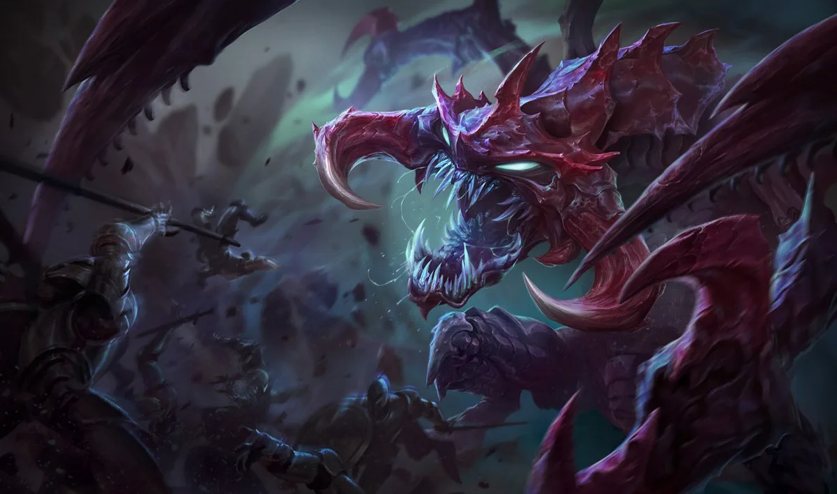 Cho'Gath towering over armored fighters with a huge open maw