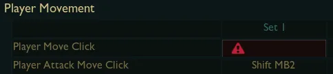 Riot's Player Movement menu showing an unbound Player Move Click warning and Shift MB2 for Player Attack Move Click