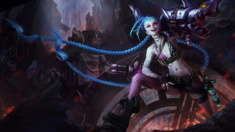 Jinx with long blue braids carrying a shark-shaped rocket launcher over a ruined street