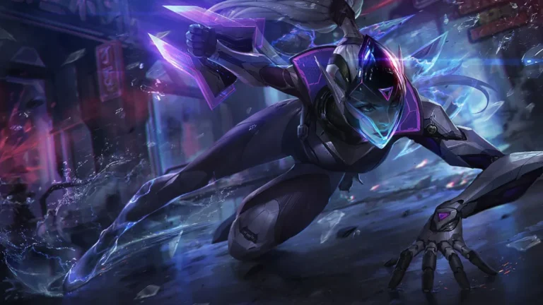 PROJECT: Vayne springs through a neon city street in black armor, with a purple visor and crossbows at her sides.