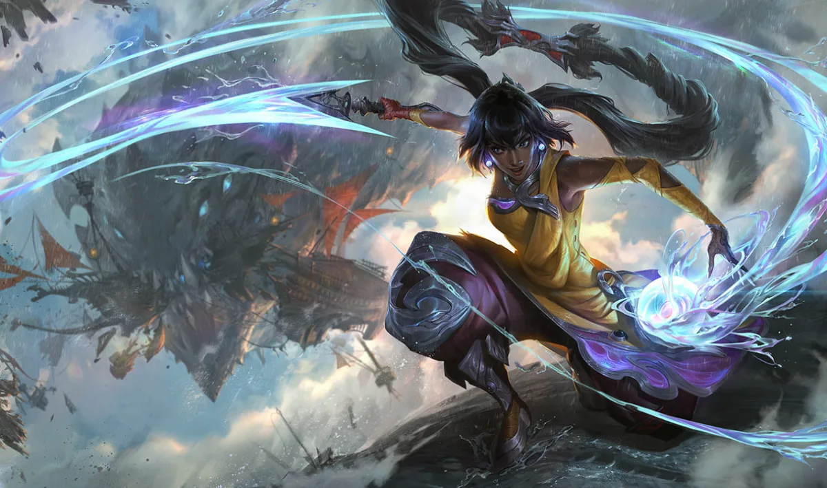 Nilah swings a curling blue water whip above the sea, wearing a yellow tunic with her long black hair trailing behind.