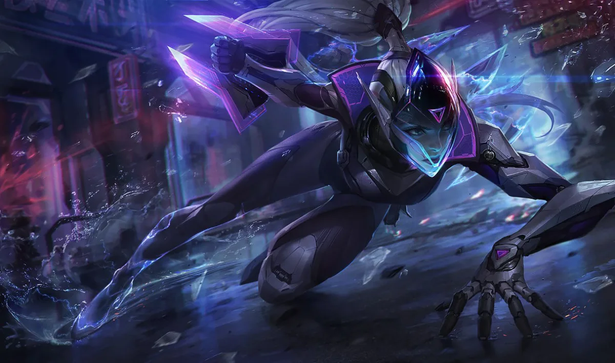 PROJECT: Vayne springs through a neon city street in black armor, with a purple visor and crossbows at her sides.