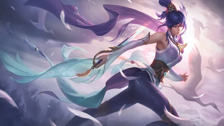 Soaring Sword Fiora turns with a blade behind her back as long purple and pale blue ribbons stream through mist.