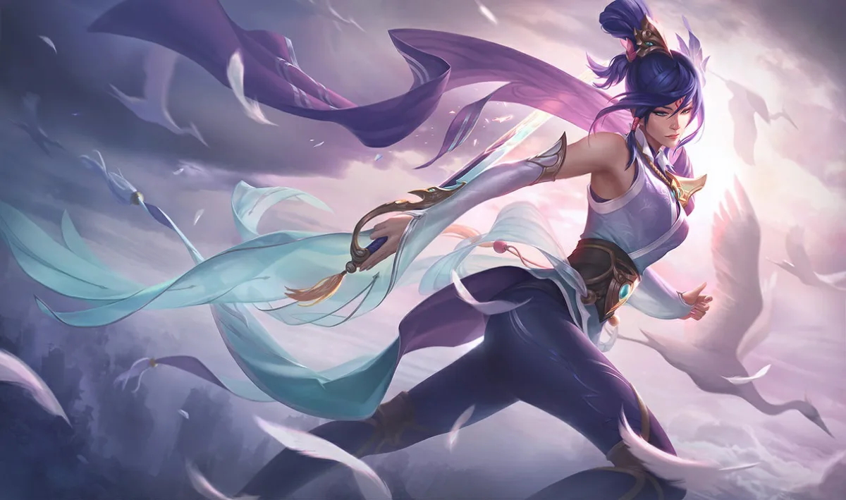 Soaring Sword Fiora turns with a blade behind her back as long purple and pale blue ribbons stream through mist.