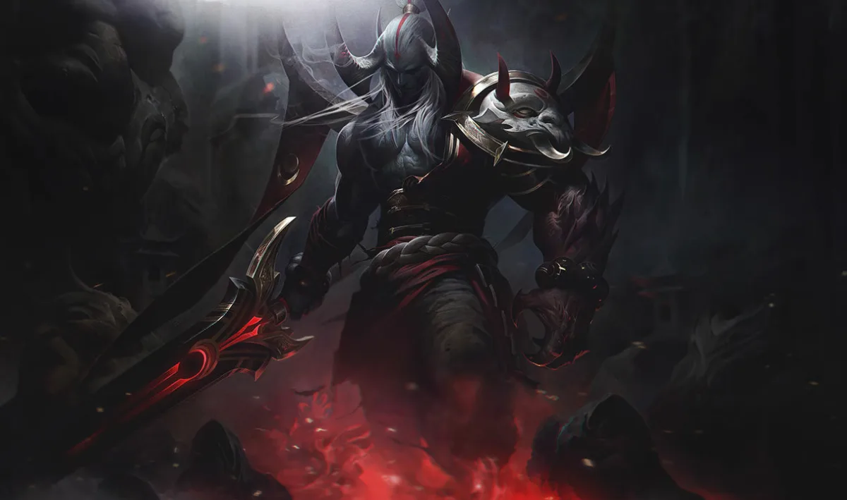 Blood Moon Aatrox emerging through black smoke with a red greatsword