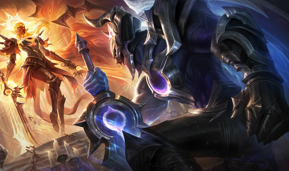 Lunar Eclipse Aatrox in black armor holding a violet crescent sword