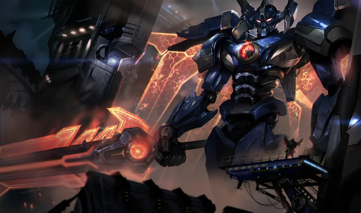 Mecha Aatrox lifting an orange thermal blade above a warship
