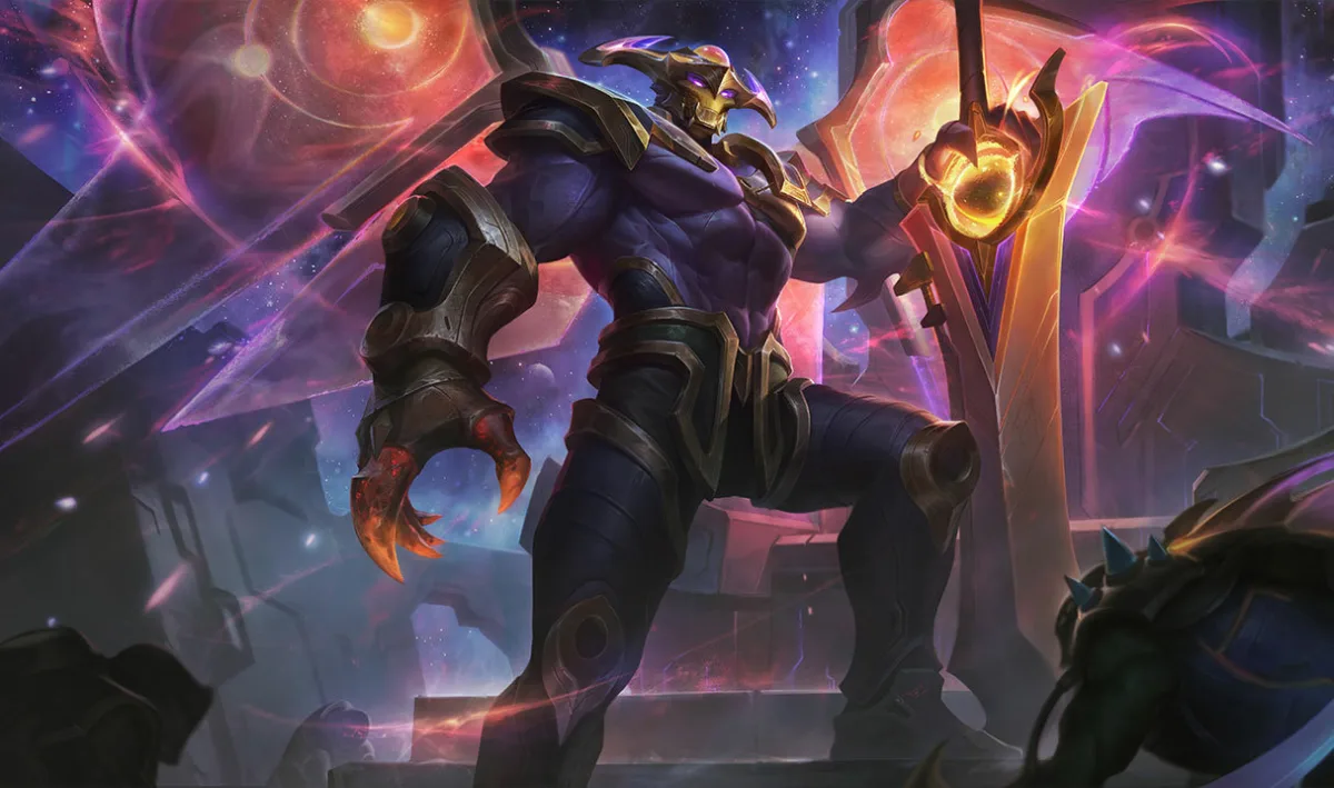 Odyssey Aatrox gripping a gold and violet sword inside a cosmic chamber