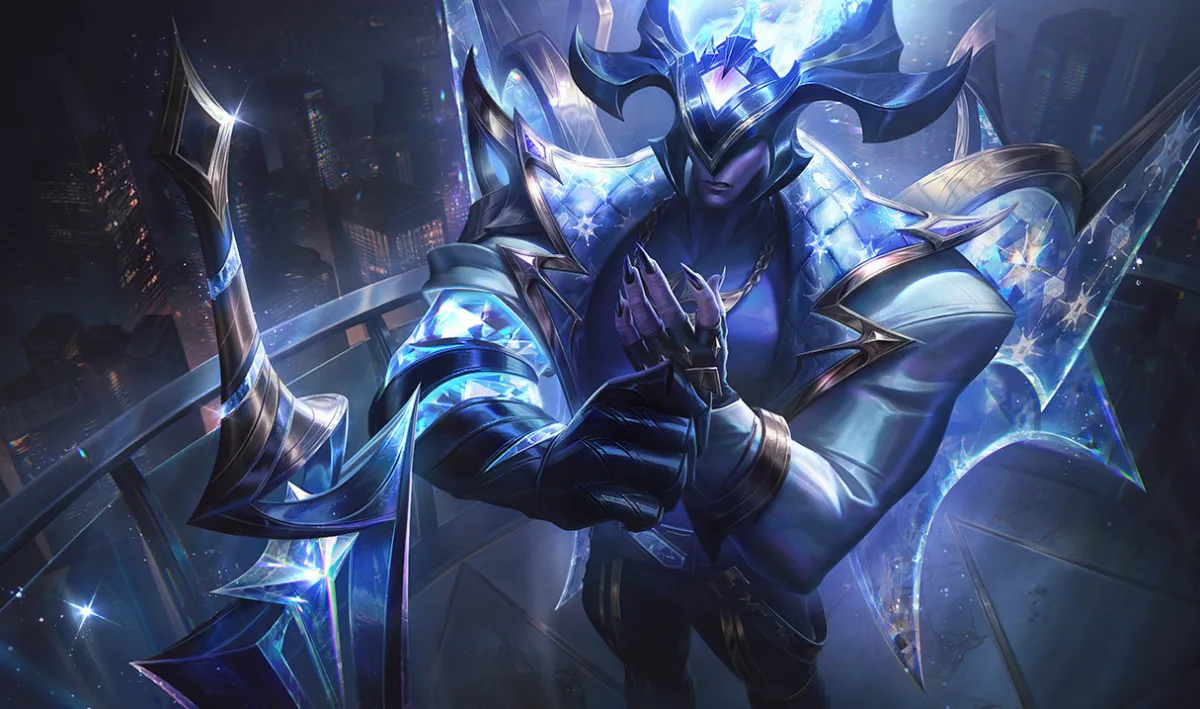 Prestige DRX Aatrox posing in white and gold streetwear at Worlds