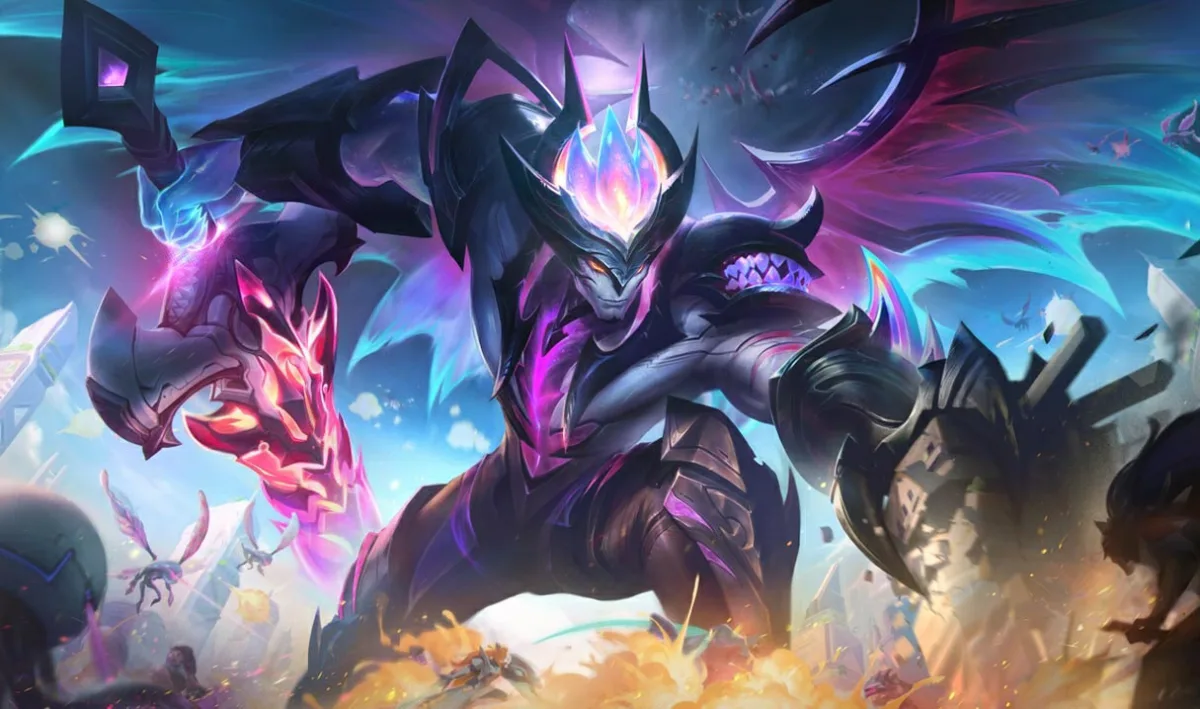 Primordian Aatrox towering in violet armor with a living red blade