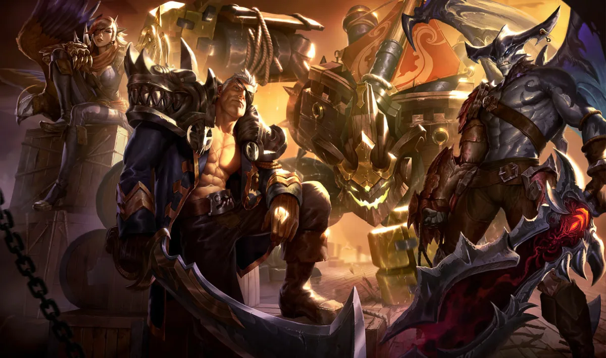 Sea Hunter Aatrox carrying a jagged red blade through Bilgewater