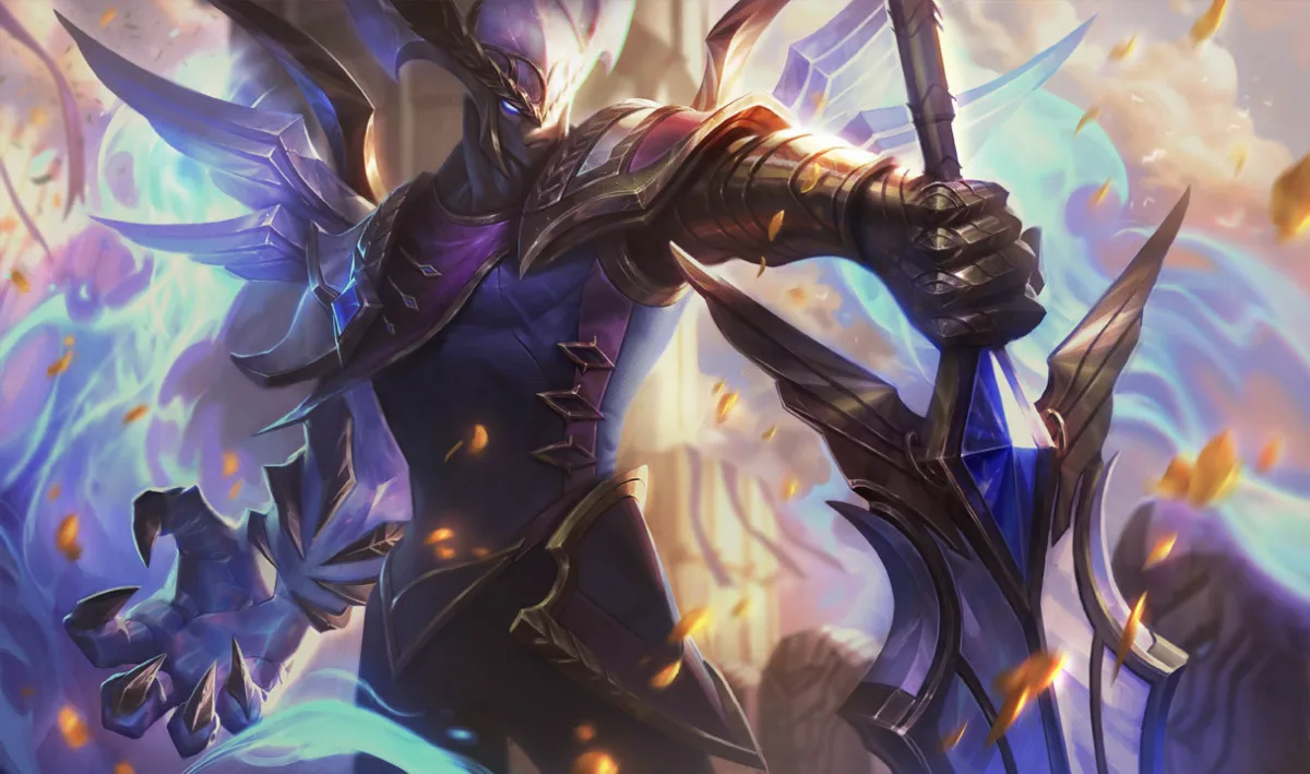 Victorious Aatrox standing in blue crystal armor above golden clouds