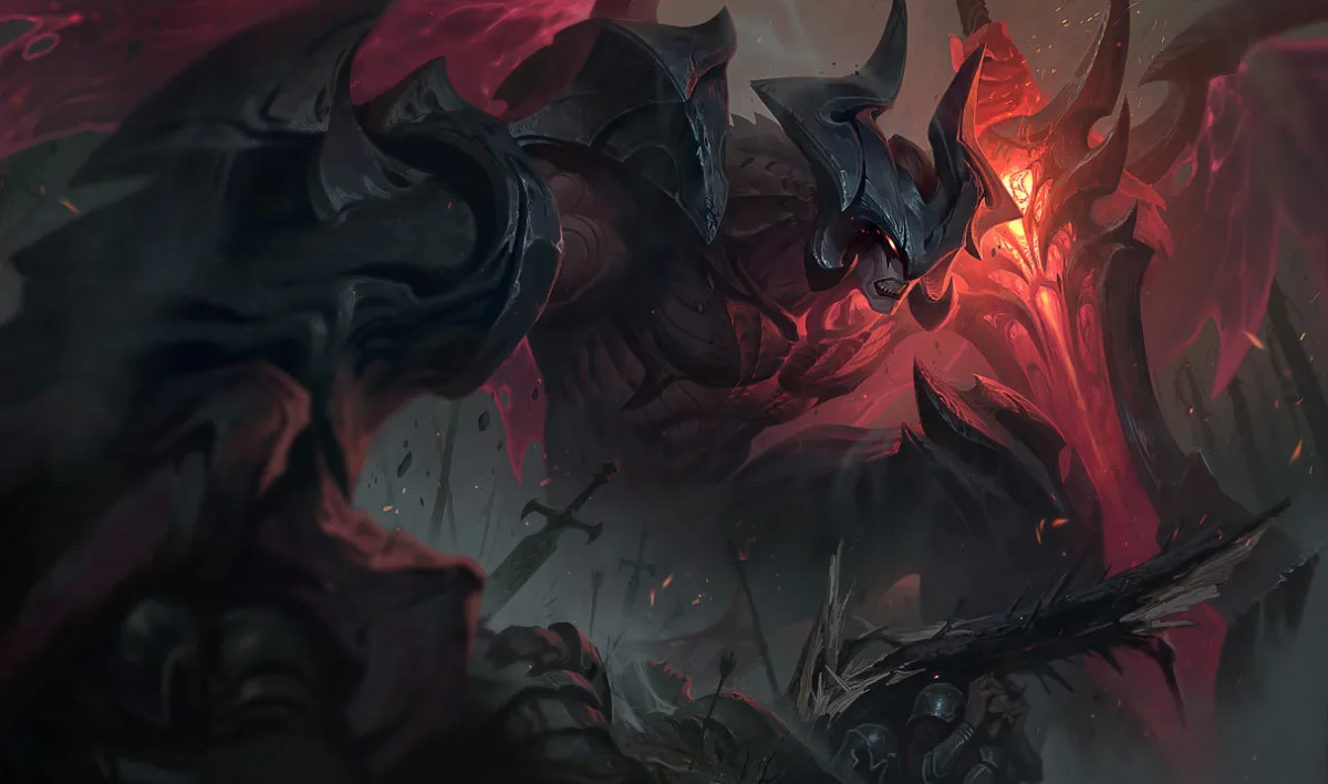 Aatrox raising the Darkin Blade above a burning battlefield
