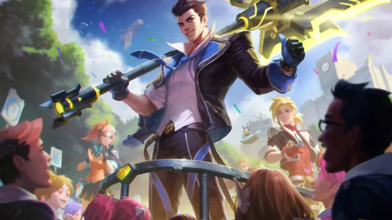 Battle Academia Jayce carries a glowing hammer across his shoulder and gives a thumbs-up amid a crowd and confetti.