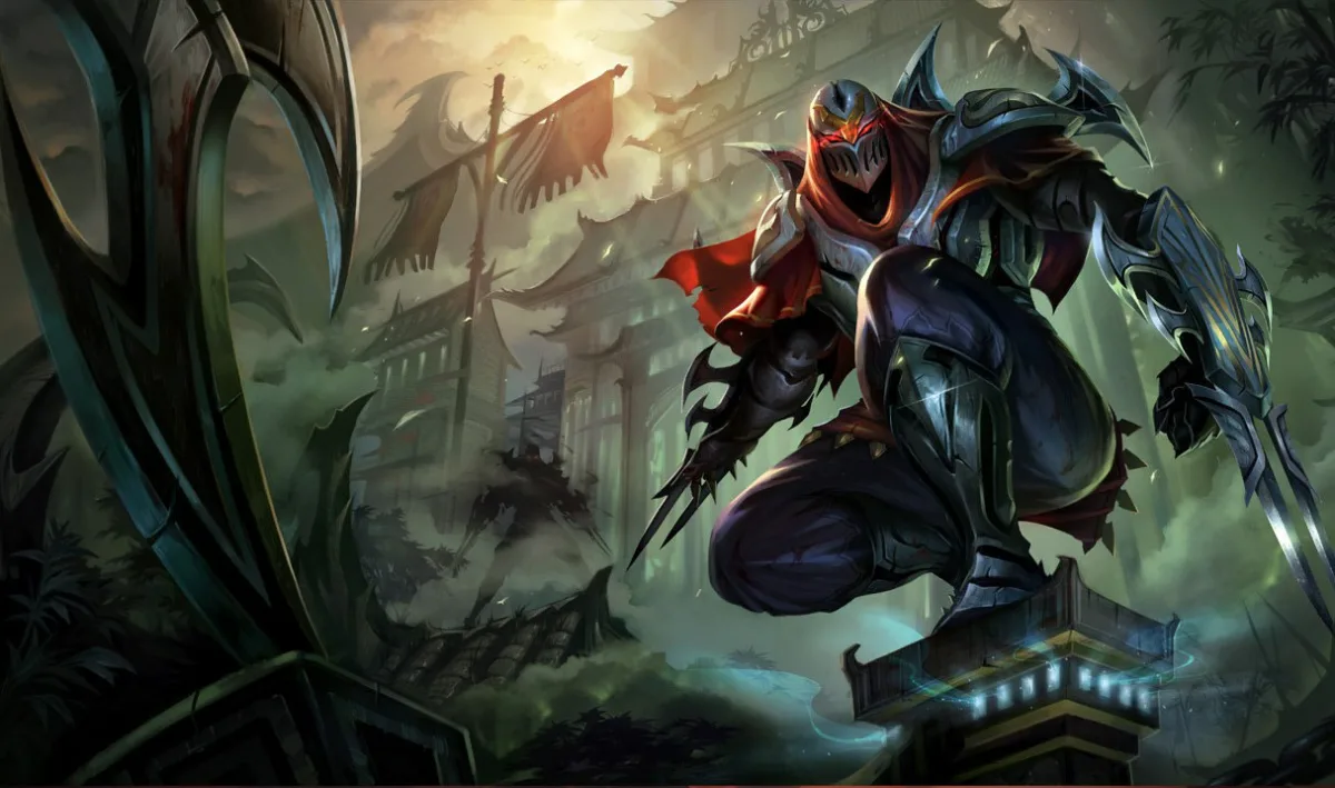 Zed leaps forward in dark bladed armor and a red scarf before a misty temple.
