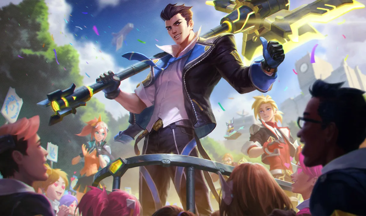 Battle Academia Jayce carries a glowing hammer across his shoulder and gives a thumbs-up amid a crowd and confetti.