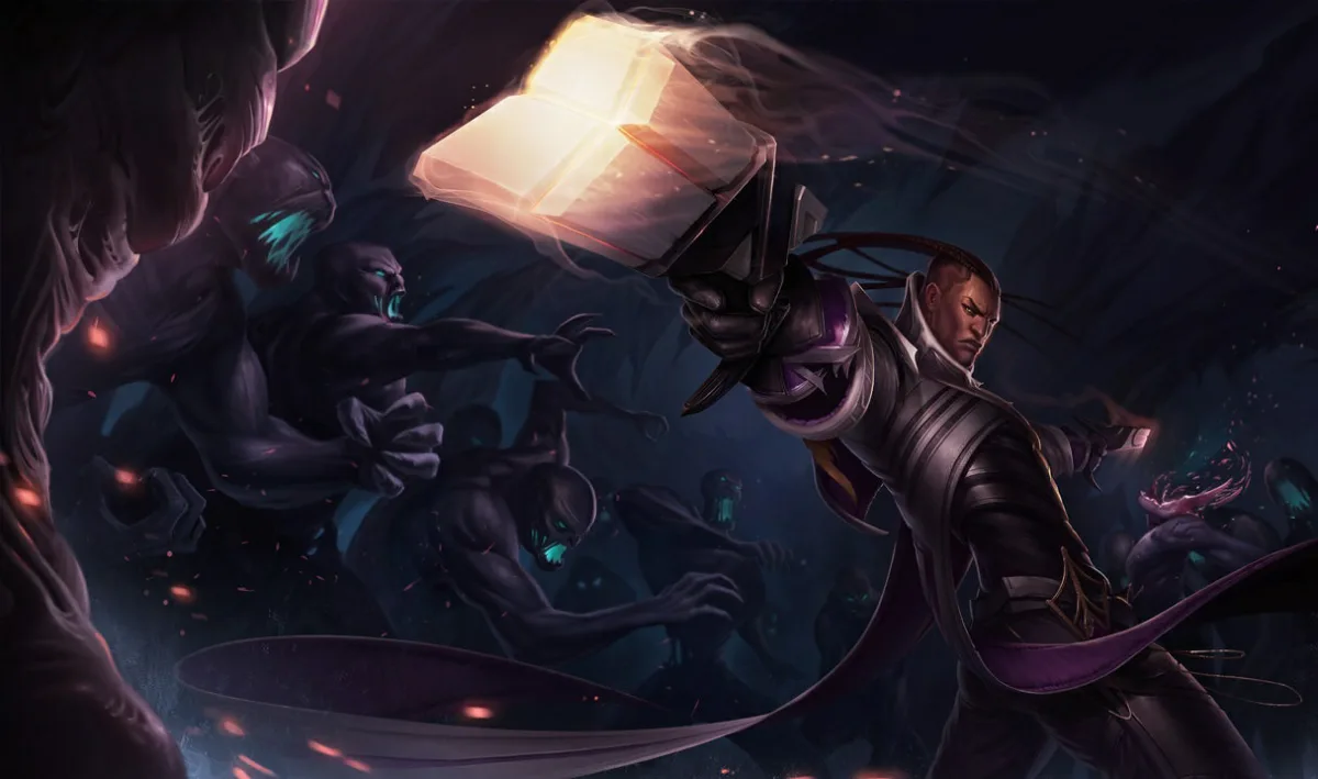 Lucian fires a glowing pistol toward shadowy creatures as his long coat trails behind him.