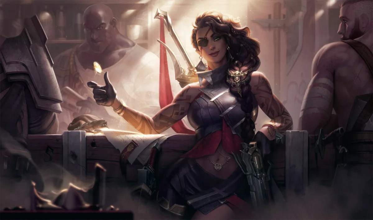 Samira leans against a tavern railing in black and red armor, tossing a coin beside her eyepatch and braided hair.