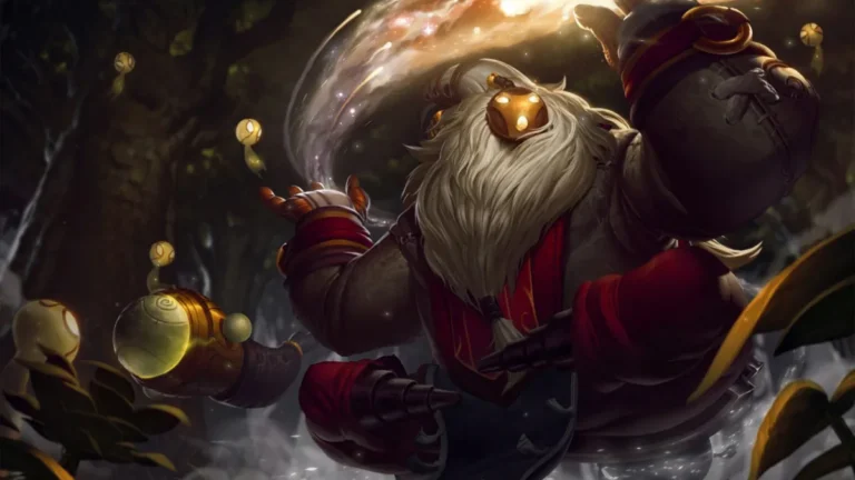 Bard with a gold mask and long pale beard surrounded by yellow meeps and a sweep of light