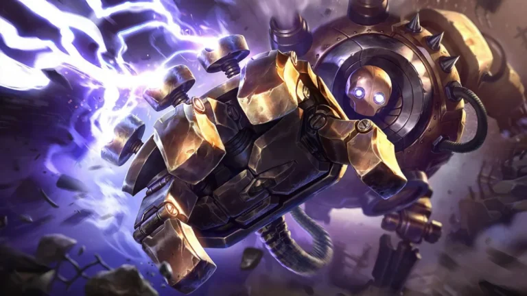 Blitzcrank reaches forward with a huge brass hand amid violet lightning and broken masonry.