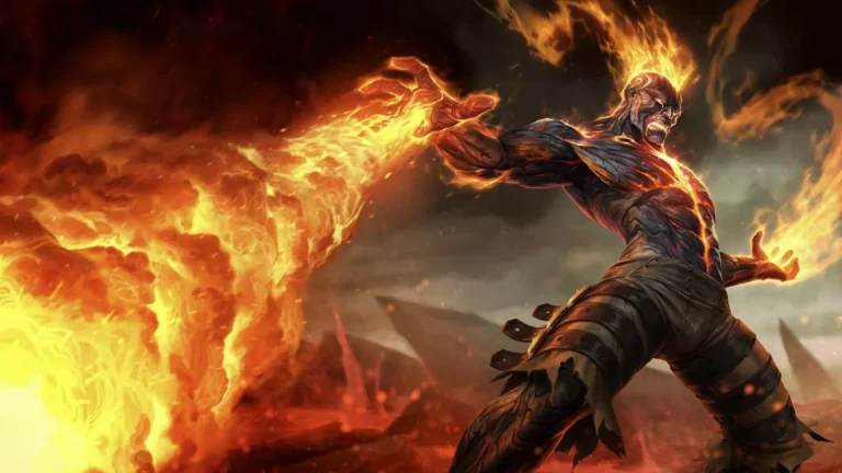 Brand extends both burning hands, with flames rising from his head and cracks glowing across his dark body.