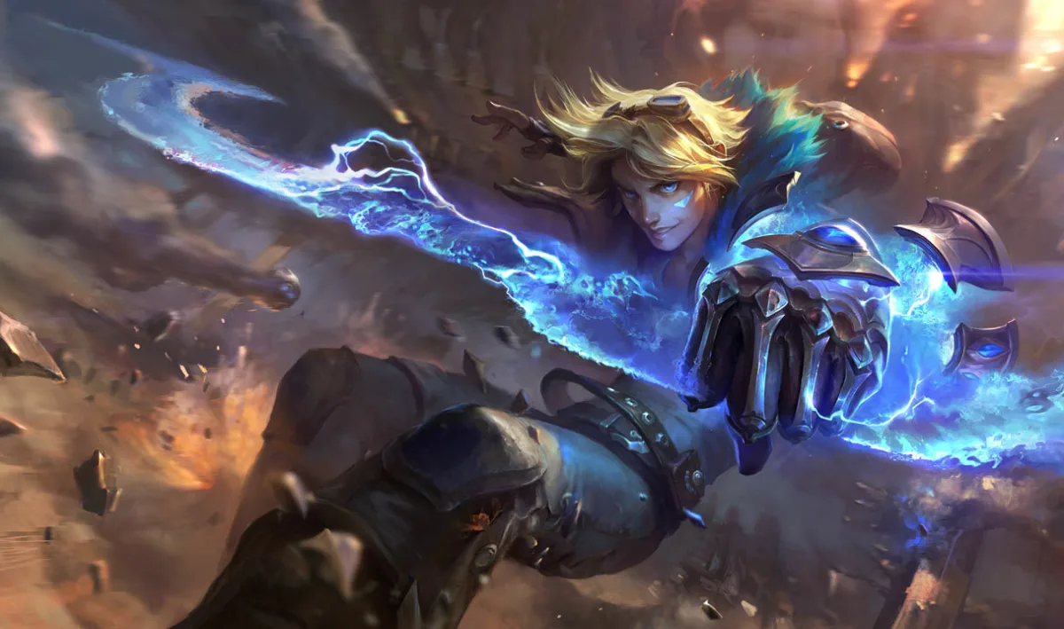 Blond Ezreal leaps through broken stonework with a glowing blue gauntlet and a streak of magical energy.