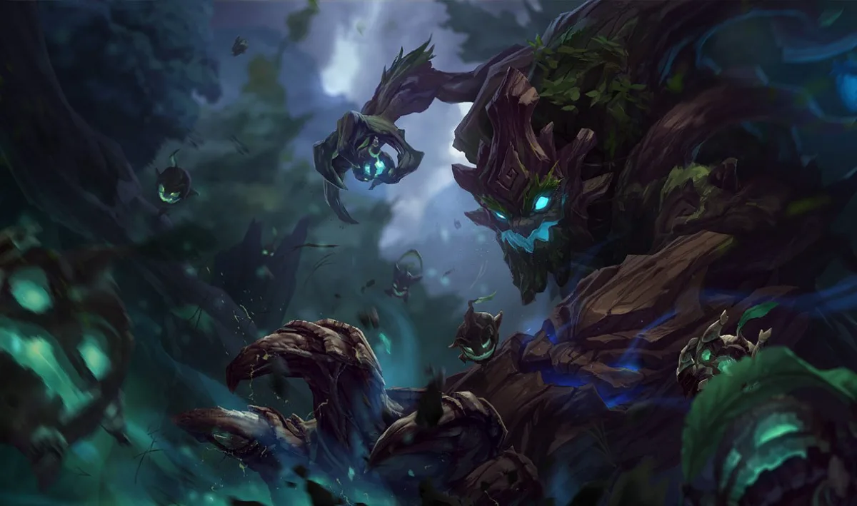 Maokai stretches a clawed branch forward as glowing blue-green saplings surround him in a dark forest.