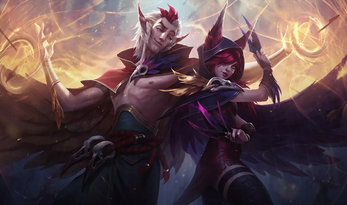 Xayah throwing glowing feathers while Rakan fights beside her