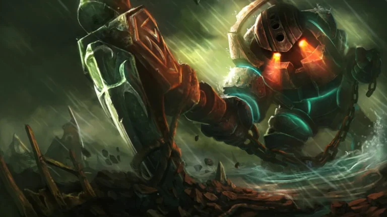 Nautilus raises an anchor from rough water, orange light shining through his diving helmet.