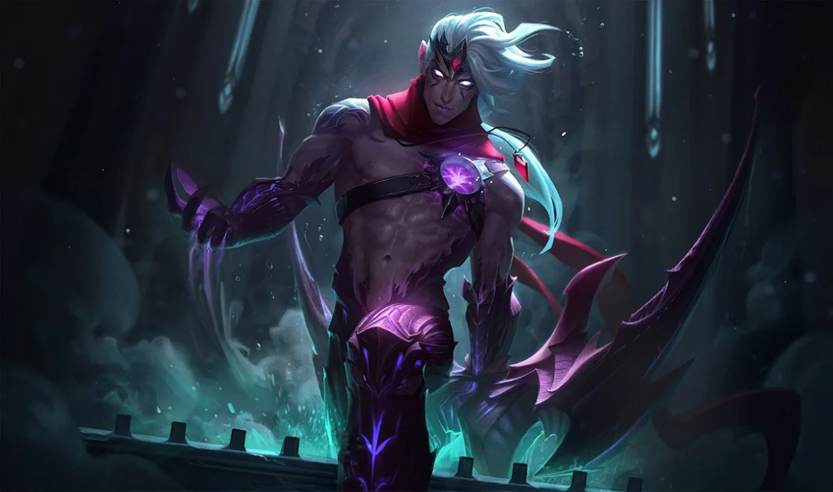 White-haired Varus holds a curved violet bow beneath a red shoulder scarf.