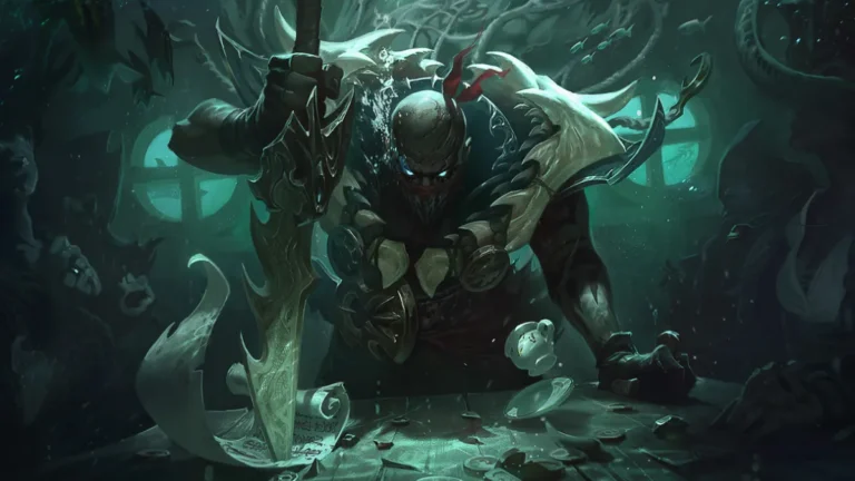 Pyke leaning over a table with a serrated harpoon and bone armor in green underwater light