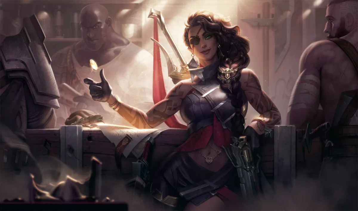 Samira with an eyepatch and a dark braid tossing a coin in a crowded tavern