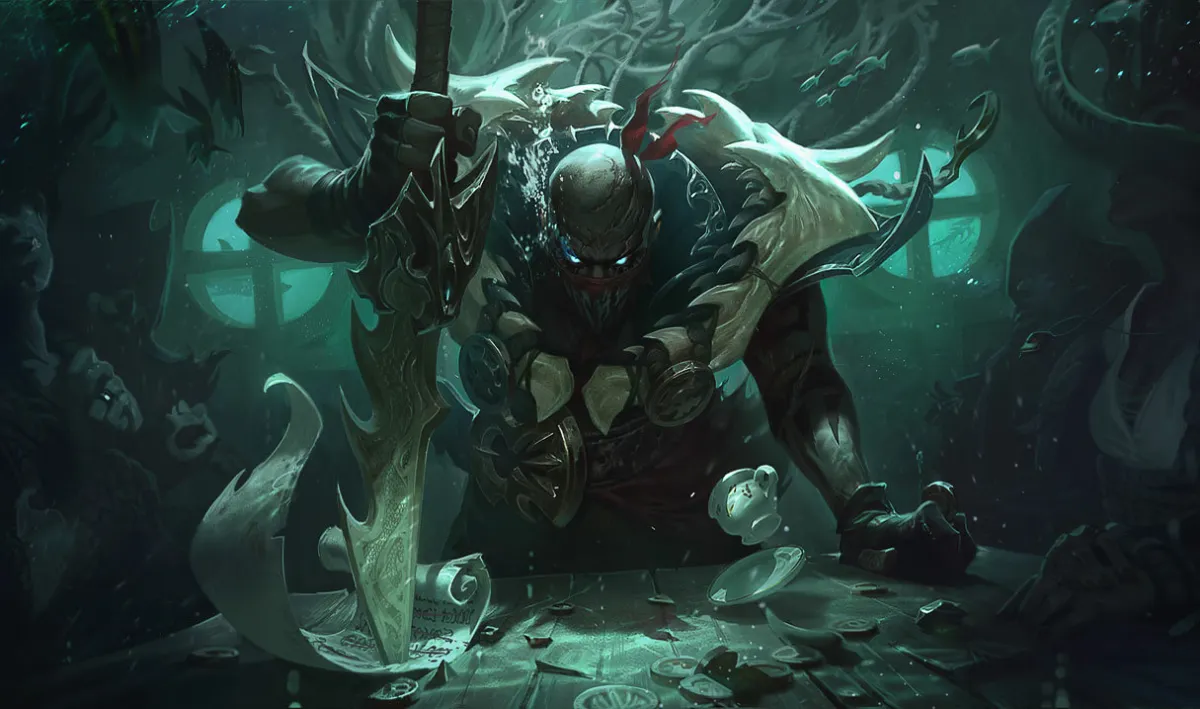 Pyke leaning over a table with a serrated harpoon and bone armor in green underwater light