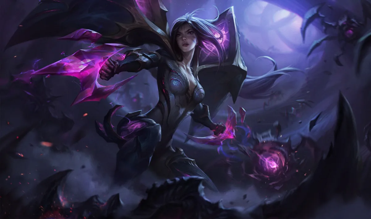 Kai'Sa extending a glowing purple blade from her arm among dark Void creatures