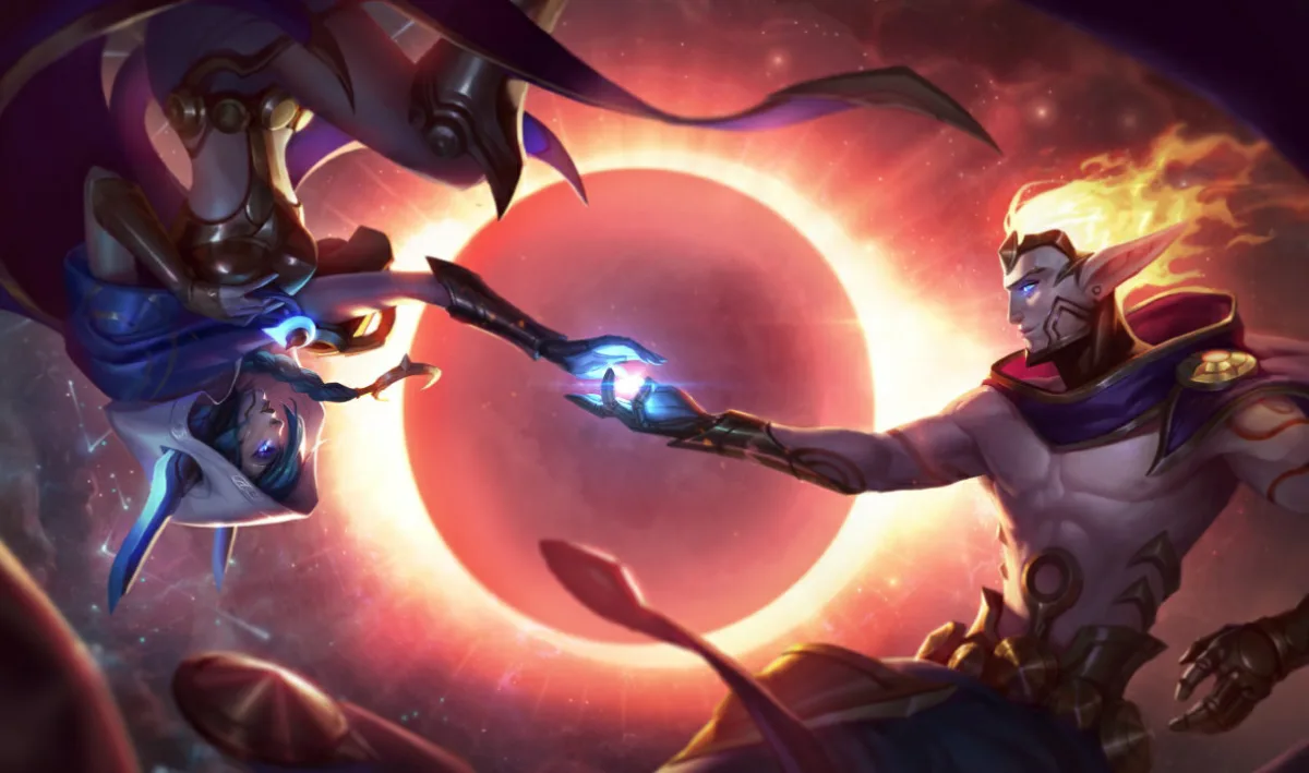 Cosmic Dawn Rakan reaching toward an upside-down Xayah in front of a glowing eclipse