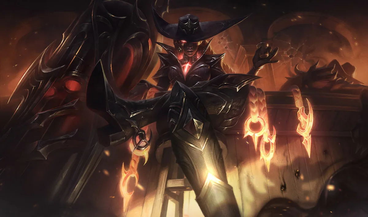 High Noon Senna wears a wide black hat beside a huge dark cannon and glowing orange metalwork.