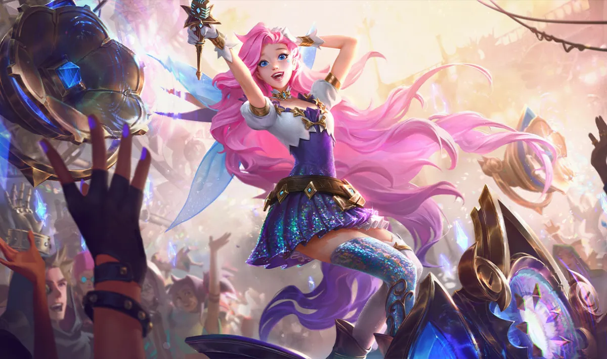 Seraphine with long pink hair holding a microphone above a glowing stage and cheering crowd