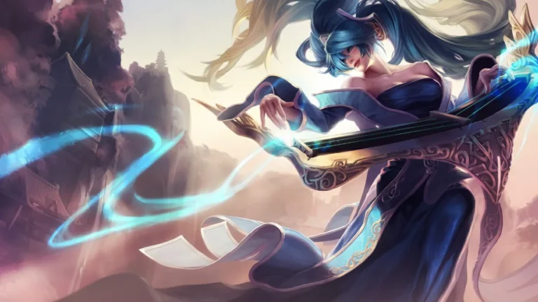 Sona playing her etwahl, surrounded by blue ribbons of magic