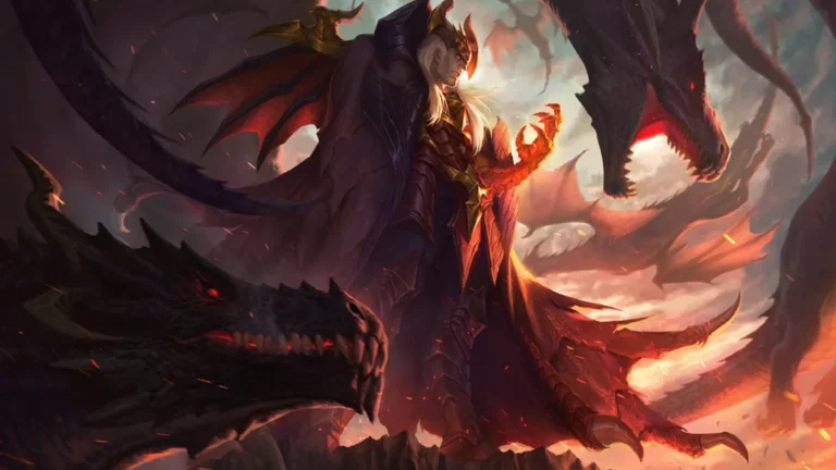 Dragon Master Swain raises a glowing red hand between dark dragons, wearing a horned headpiece and a long armored coat.