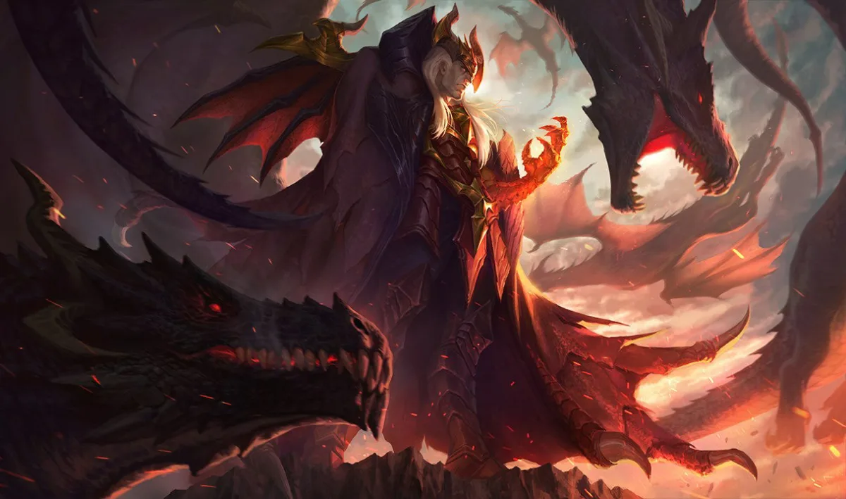 Dragon Master Swain raises a glowing red hand between dark dragons, wearing a horned headpiece and a long armored coat.