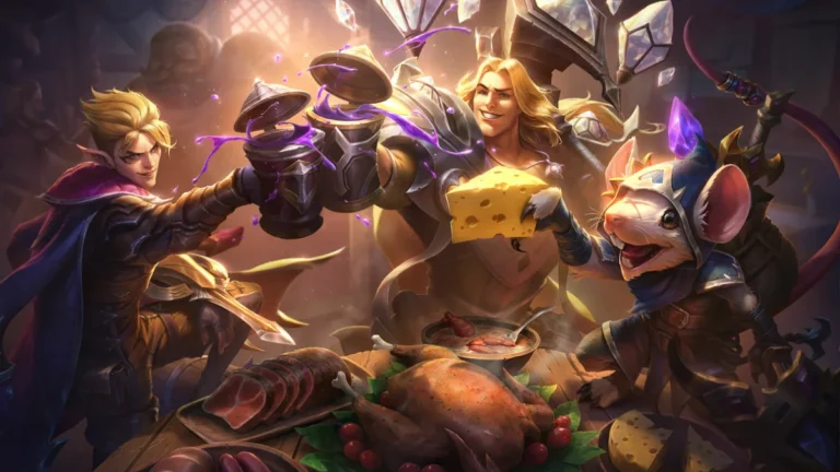 Taric raises a tankard between an elf and an armored rat at a feast, with large crystals above his shoulders.