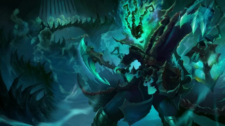 Thresh with a glowing green skull holding his chain hook and lantern amid spectral mist