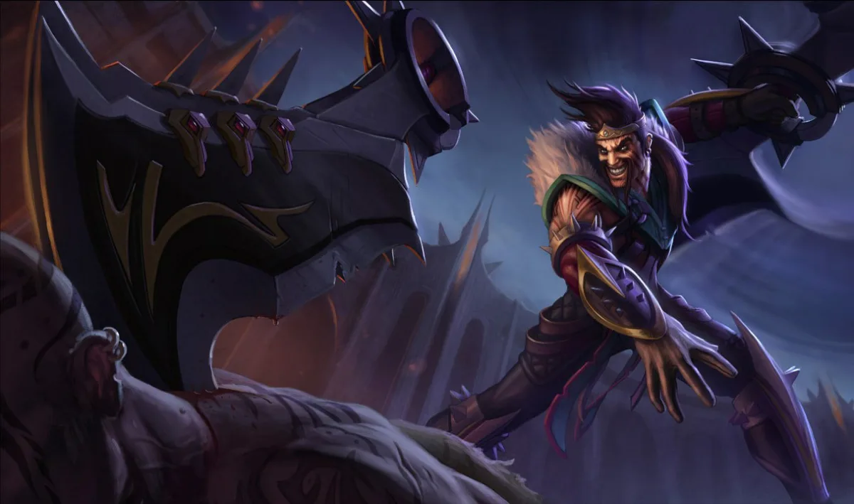 Draven with a dark mustache and fur-trimmed armor swinging two large crescent axes over a fallen opponent