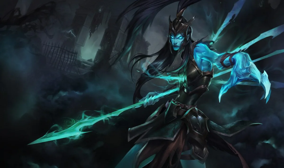 Kalista with blue spectral skin, a dark pointed helmet, and glowing green spears passing through her body
